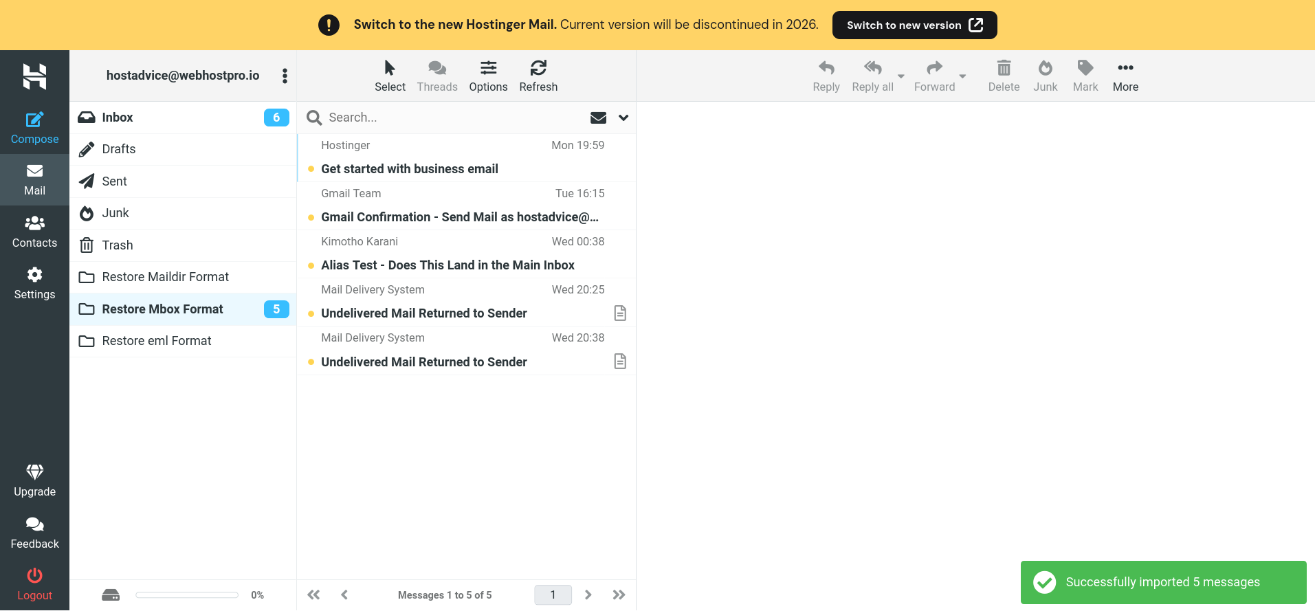 Mbox email messages successfully restored in Hostinger Webmail