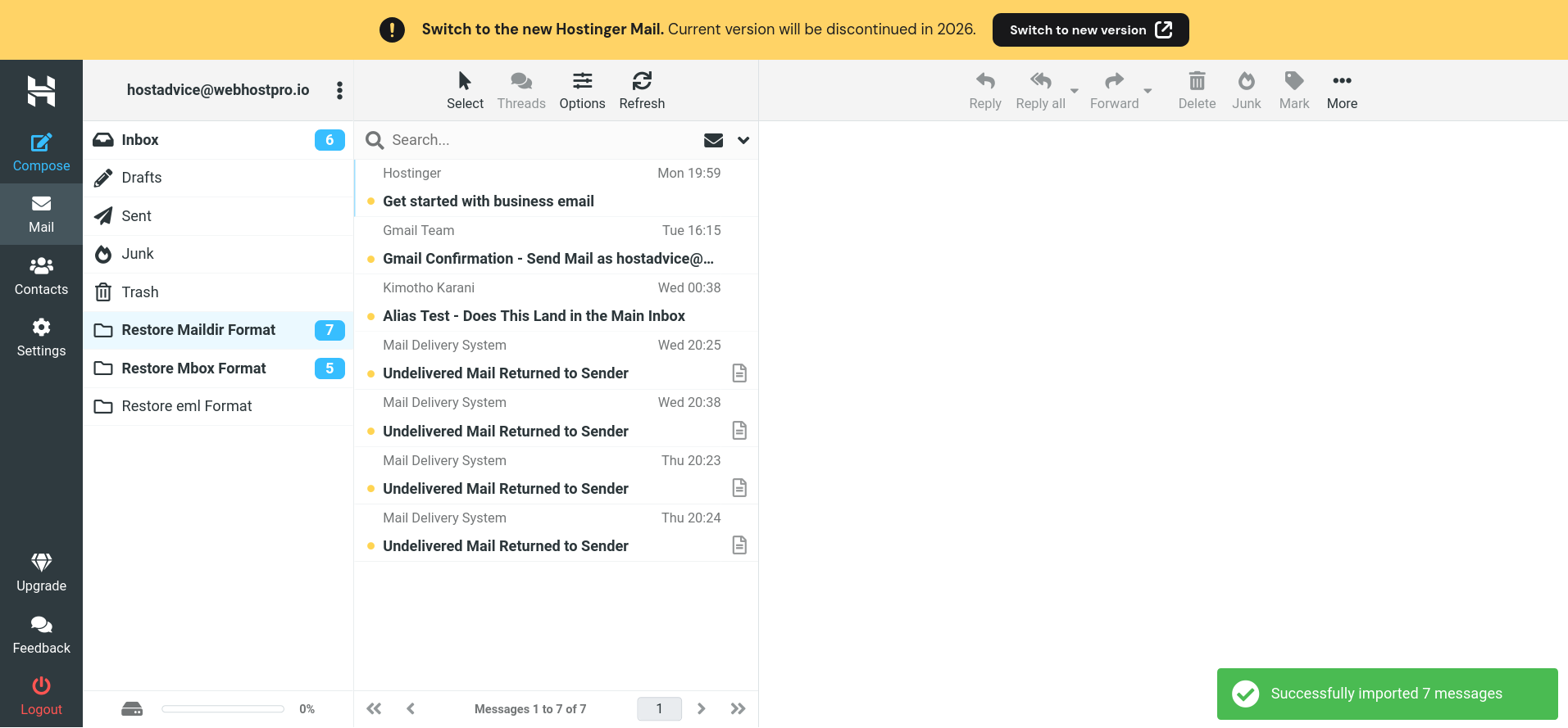 Maildir email messages successfully restored in Hostinger Webmail