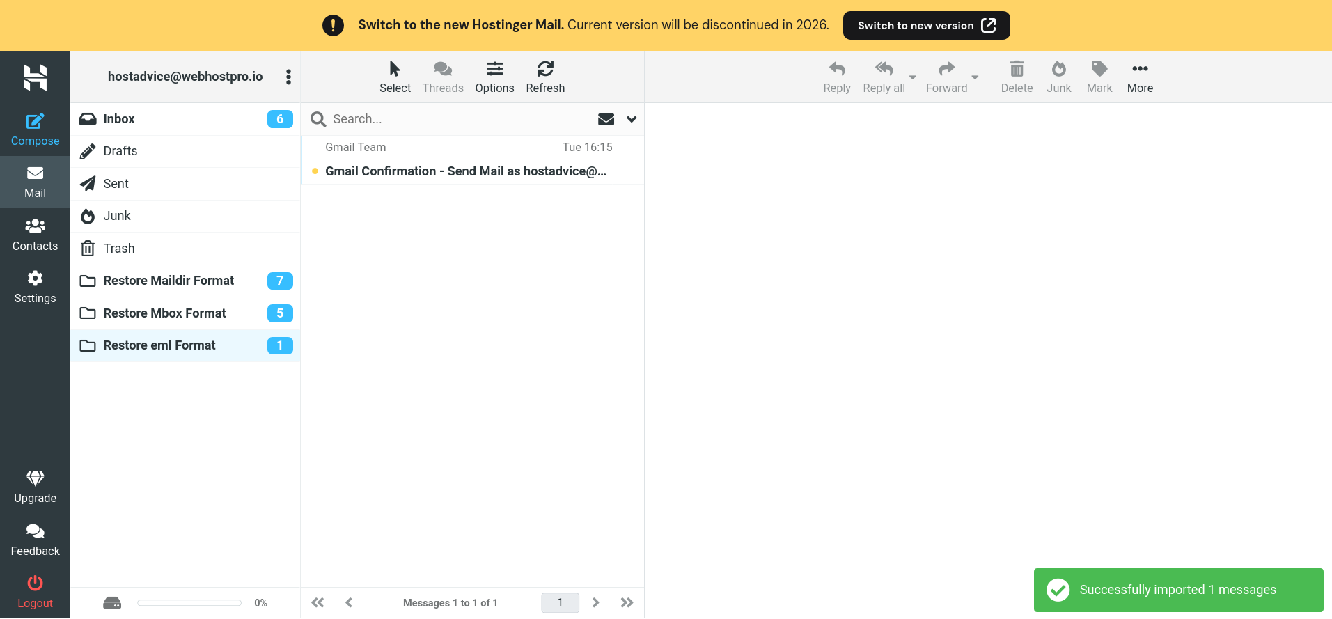 Single EML email message successfully restored in Hostinger Webmail