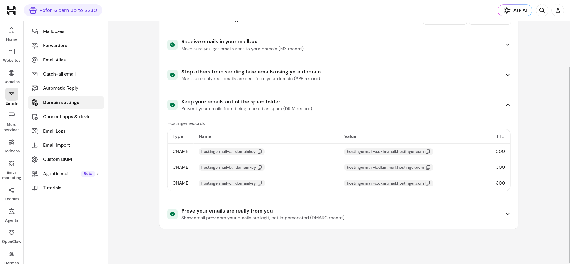 Hostinger hPanel email domain settings showing verified MX, SPF, DKIM, and DMARC records