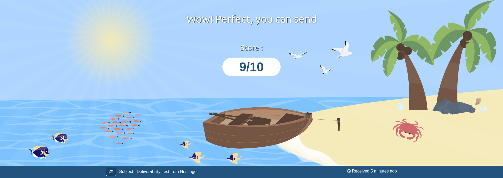 Mail-Tester baseline deliverability score of 9 out of 10 for a Hostinger email