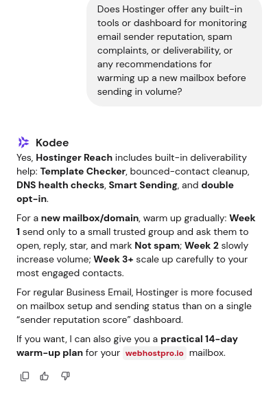 Hostinger Kodee AI mailbox and domain warm-up guidance