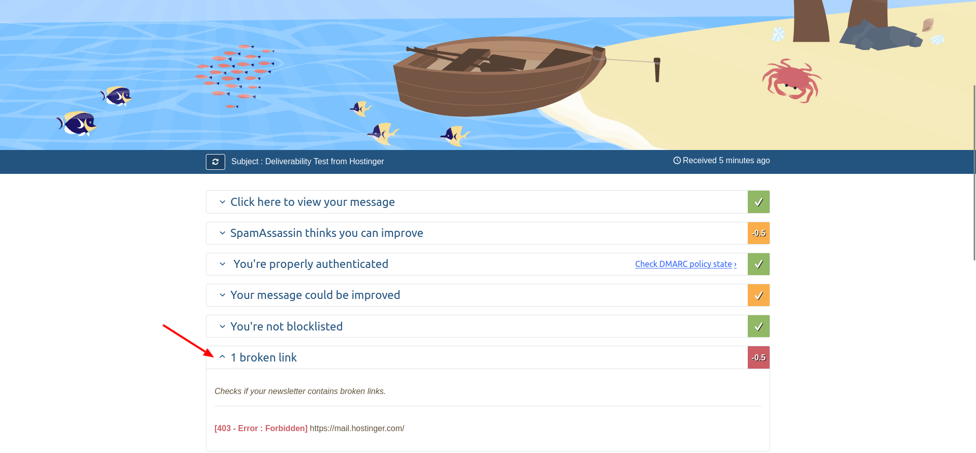 Mail-Tester broken link penalty found in a Hostinger email signature