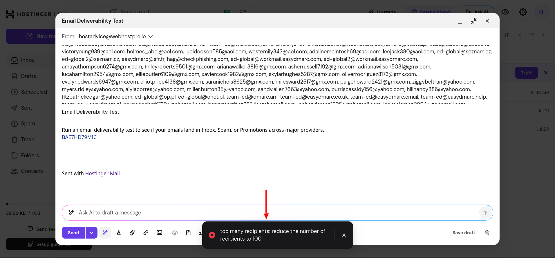 Hostinger error showing the 100-recipient limit per email message