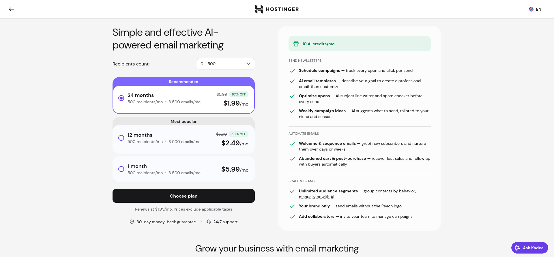 Hostinger Kodee AI guidance about deliverability tools and Hostinger Reach