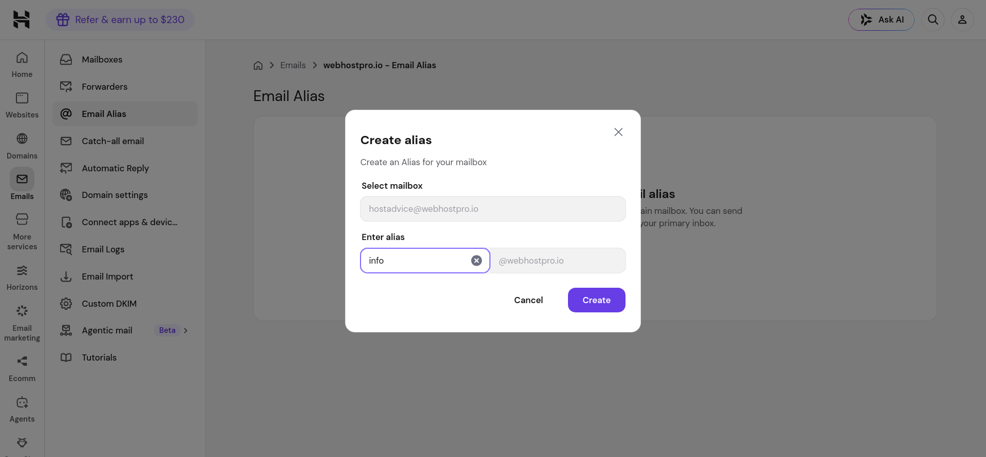 Hostinger form for creating an email alias