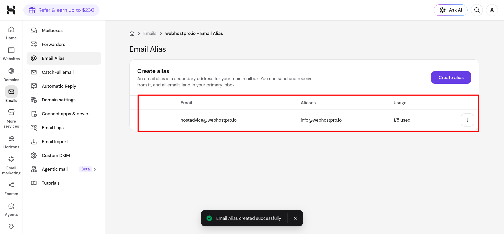 Hostinger mailbox alias list and usage count