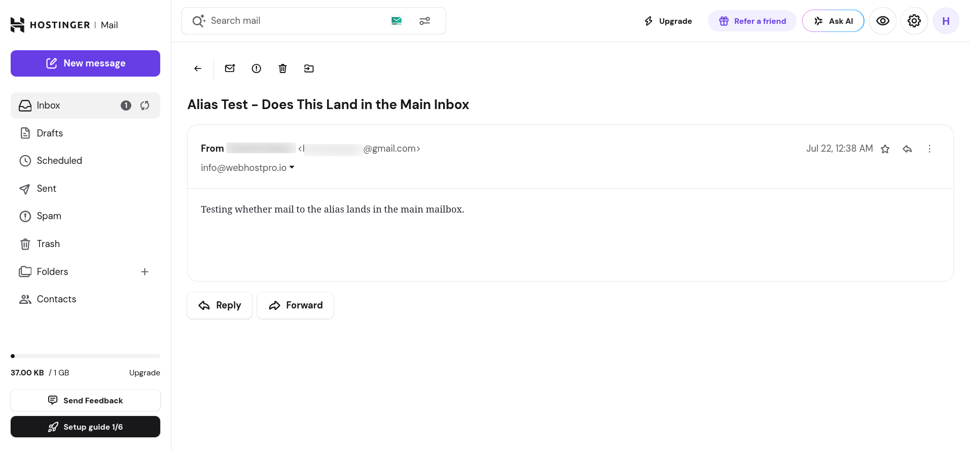 Test email delivered through a Hostinger alias