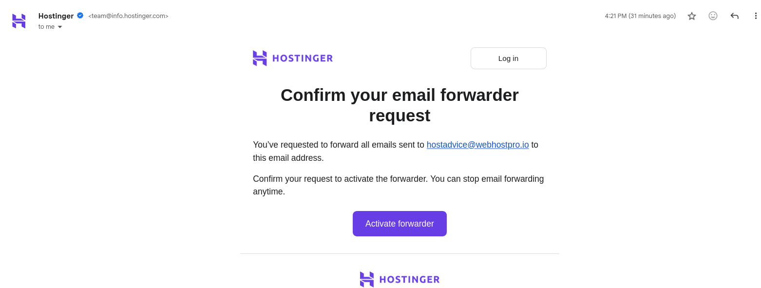 Hostinger Activate Forwarder confirmation email