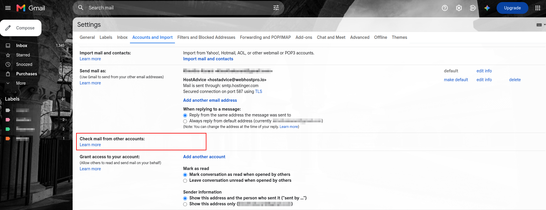 Gmail Accounts and Import settings showing Check mail from other accounts is unavailable