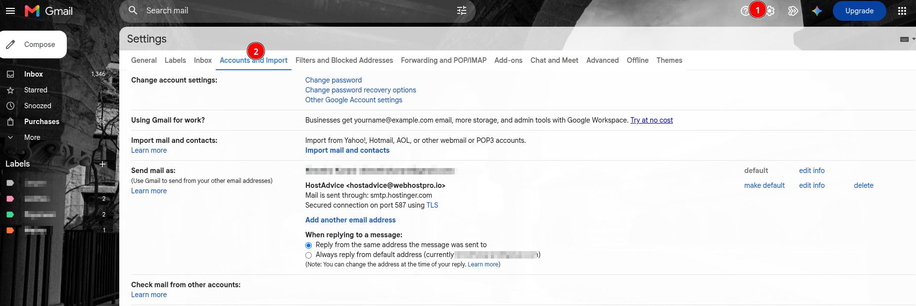 Gmail Settings menu with the Accounts and Import tab selected