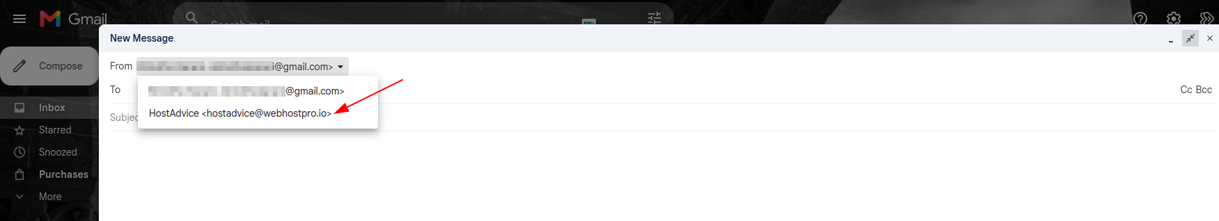 Gmail From dropdown with a Hostinger email address selected