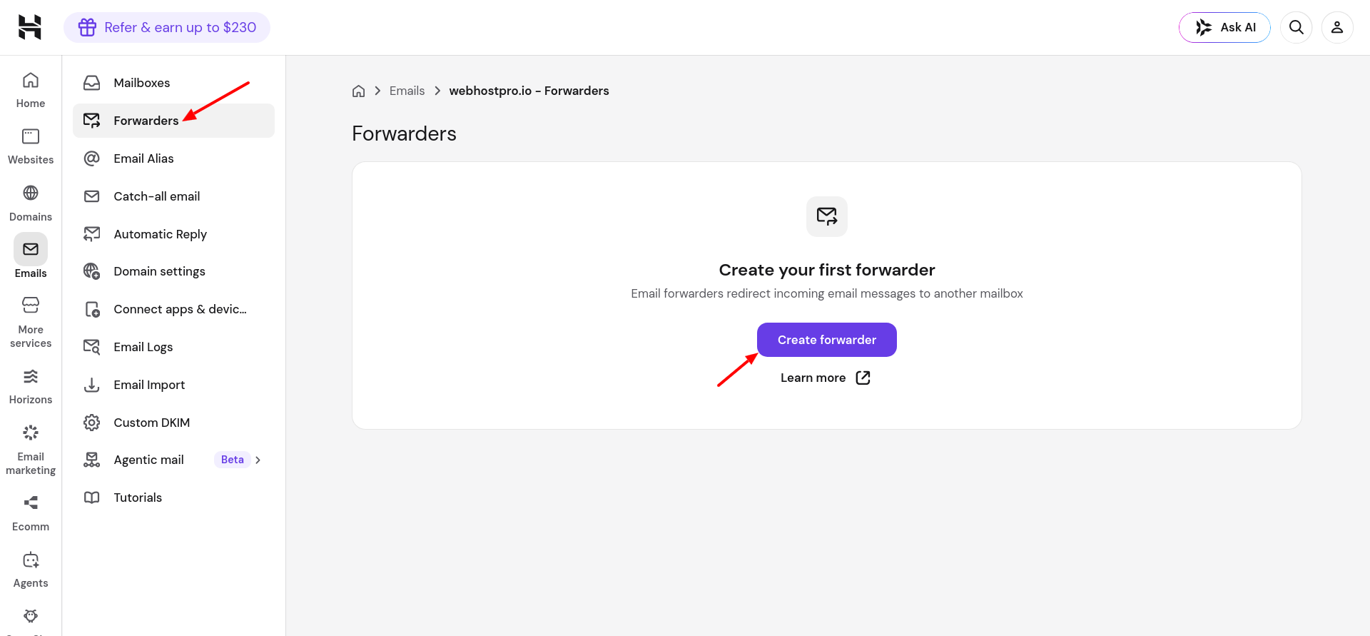 Hostinger hPanel Emails section showing the Forwarders page