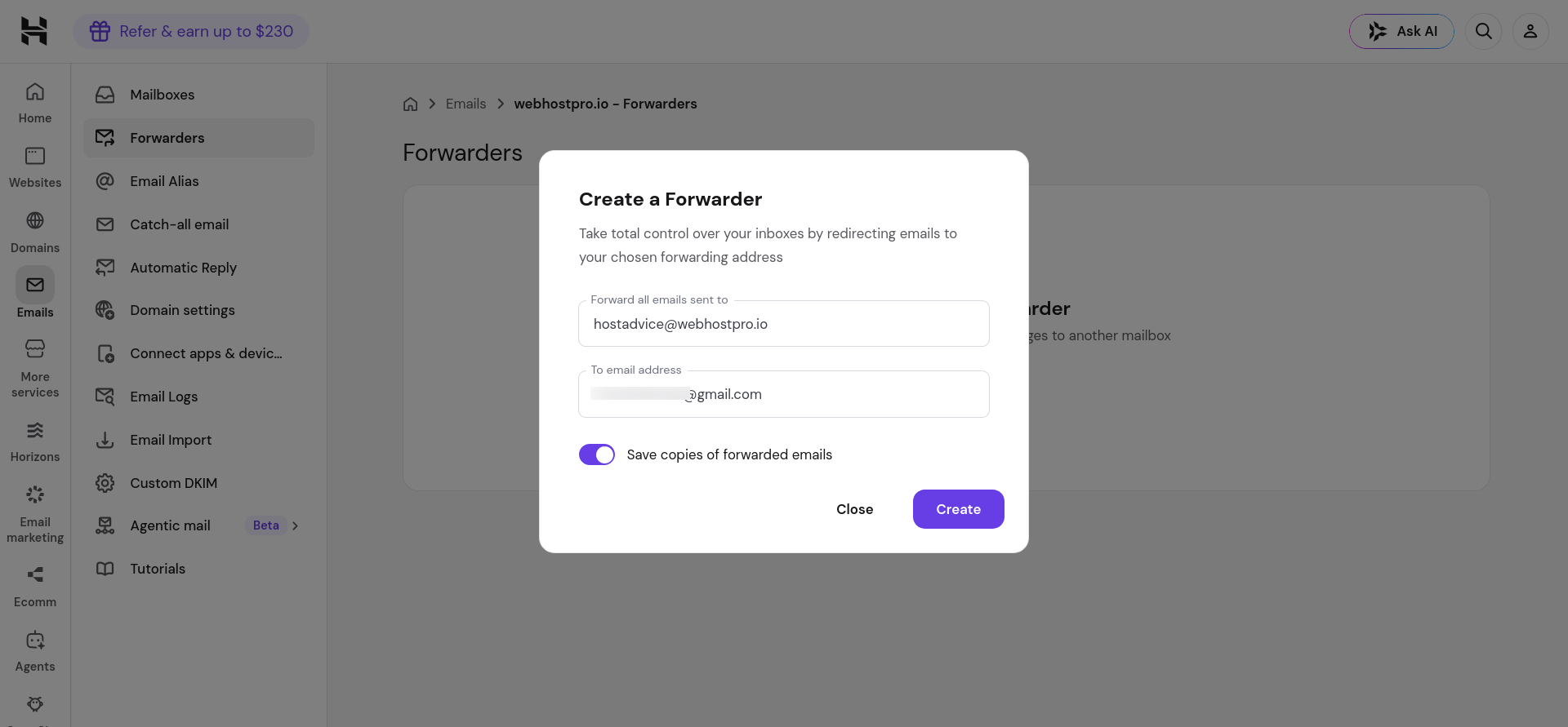 Hostinger Create forwarder form sending Hostinger email to Gmail