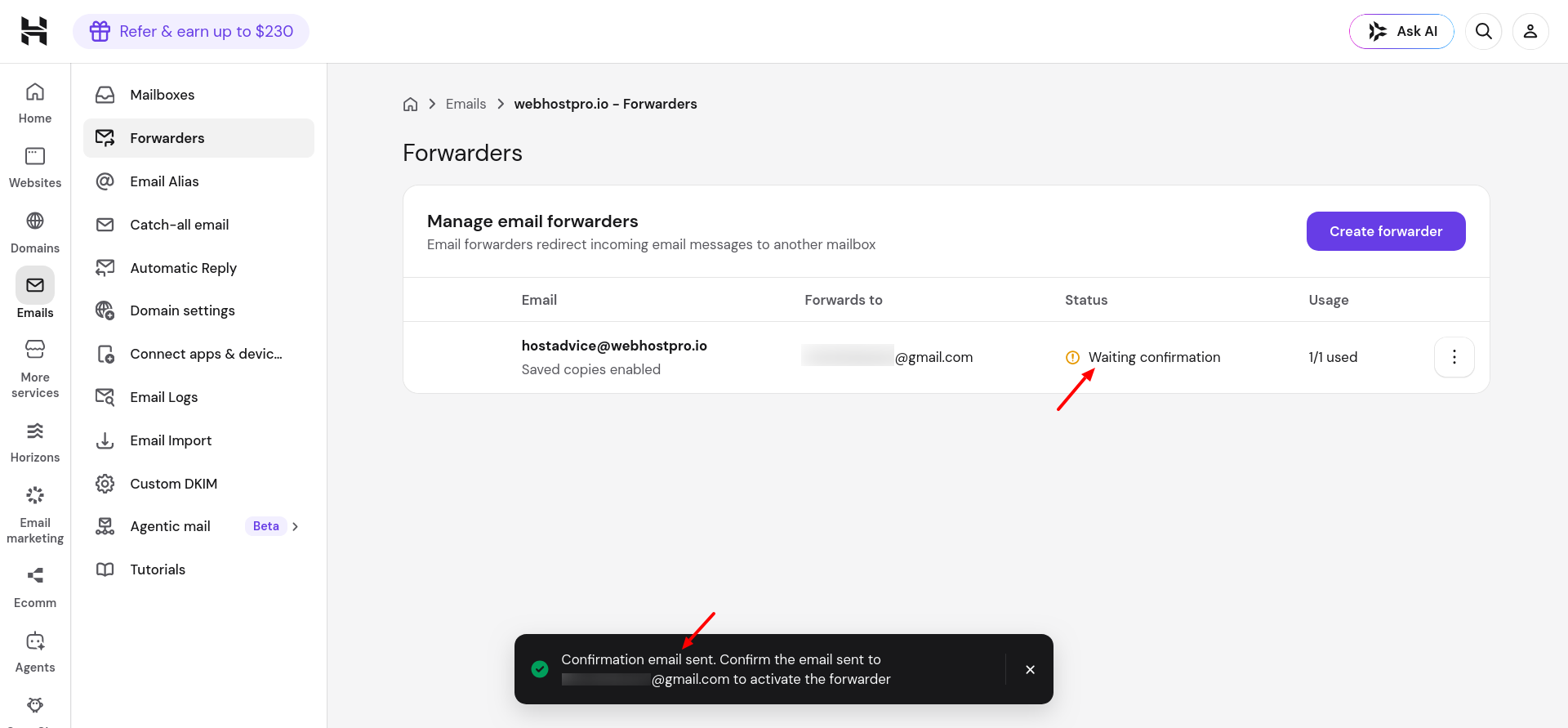 Hostinger email forwarder showing Waiting confirmation status