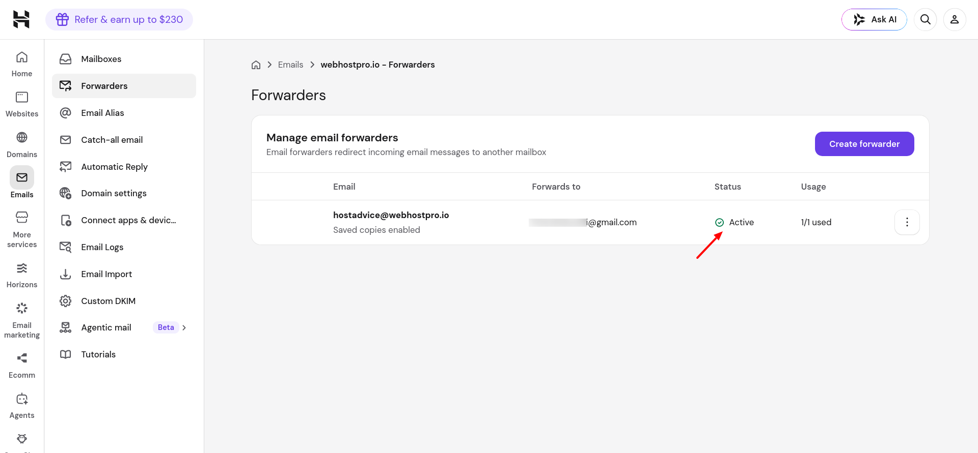 Hostinger hPanel showing the email forwarder with Active status