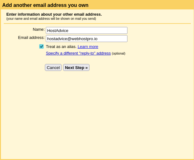 Gmail Add another email address form for a Hostinger mailbox