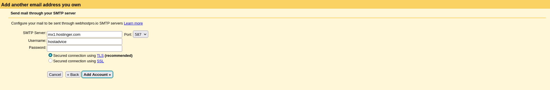 Gmail SMTP server configuration form for Hostinger email