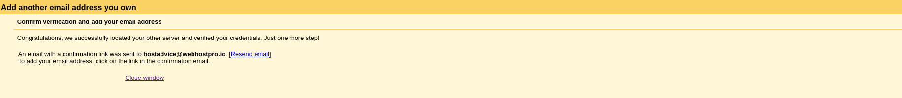Gmail notice confirming a verification email was sent to the Hostinger inbox