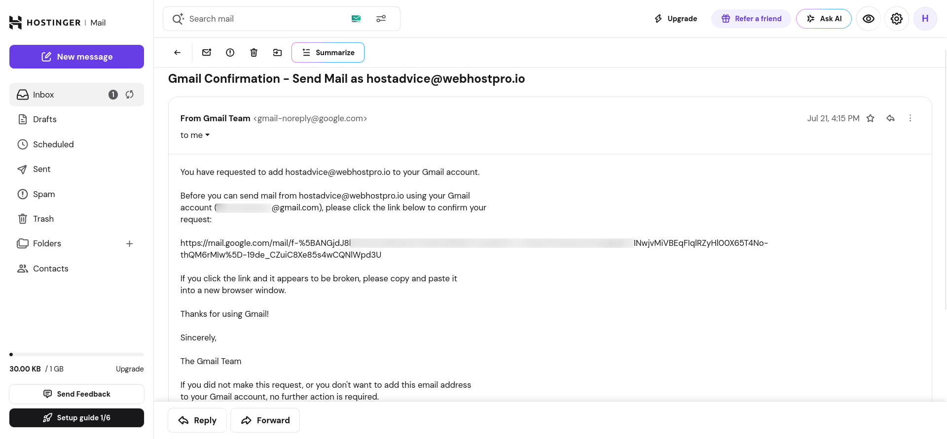 Gmail confirmation link for verifying a Hostinger Send Mail As address