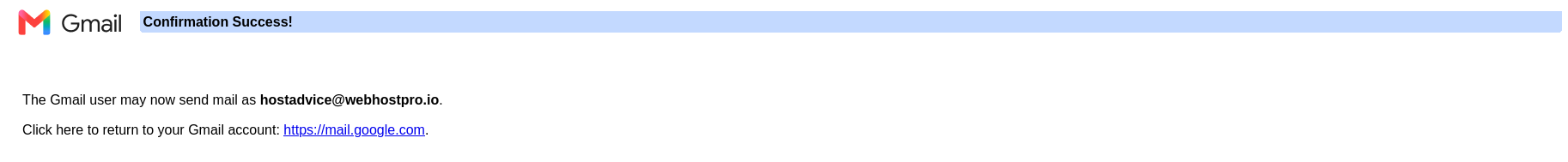 Gmail Confirmation Success page for a verified Hostinger email address