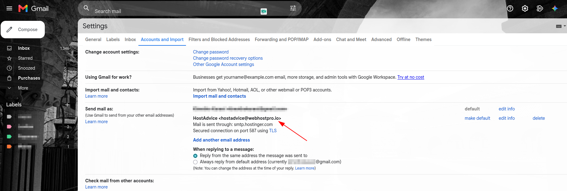 Gmail Send mail as settings listing the Hostinger SMTP server and port