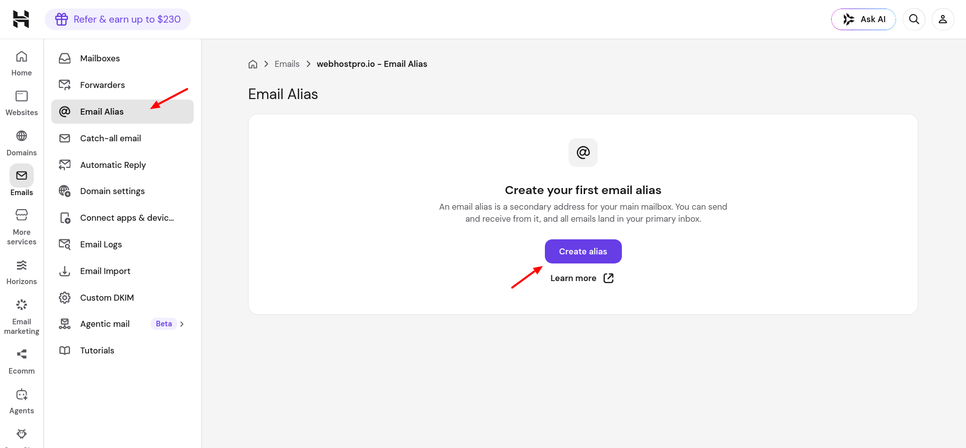 Hostinger email forwarding and aliases settings