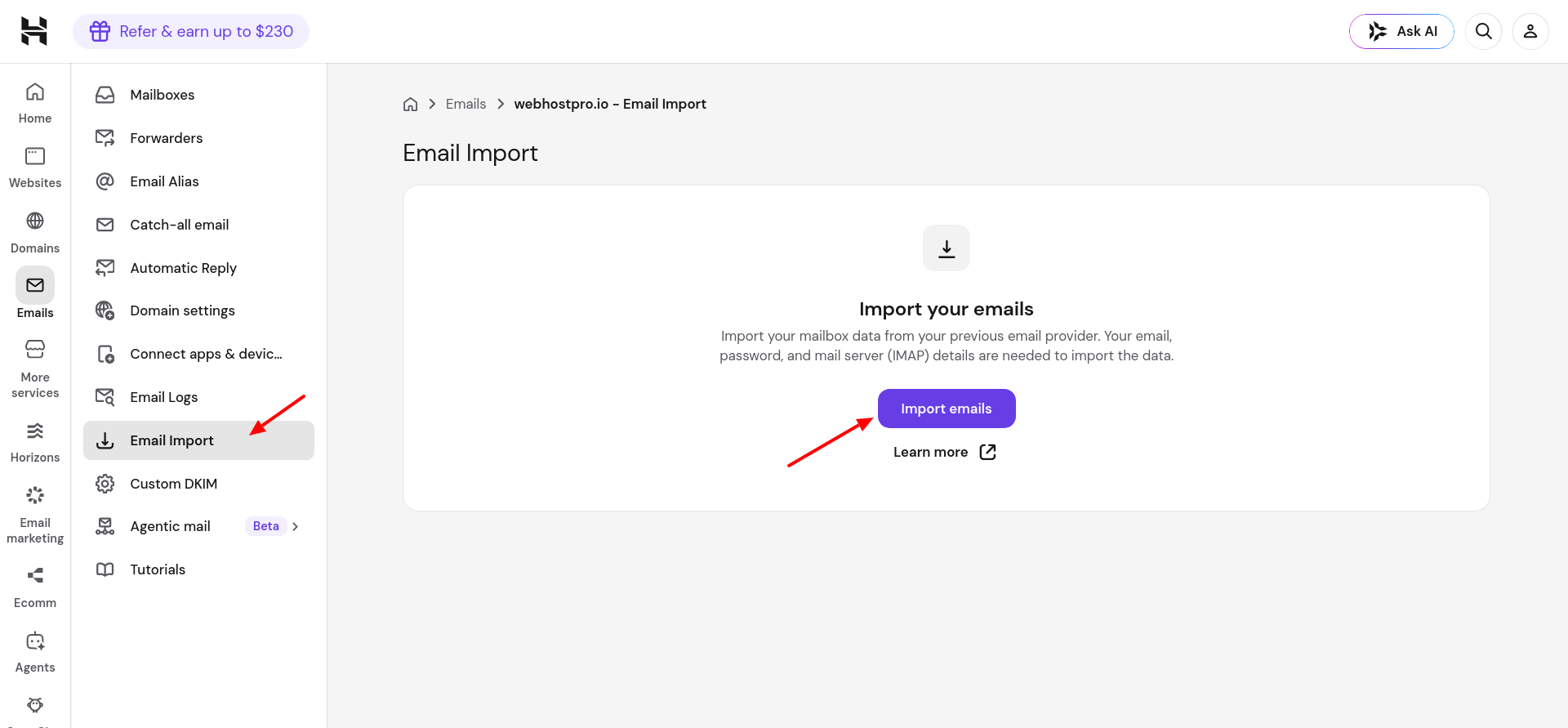 Hostinger hPanel Email Import menu