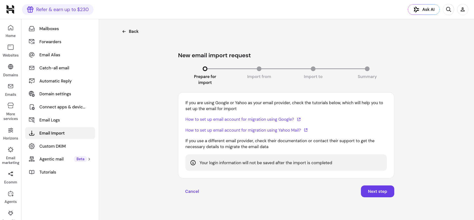 Hostinger Email Import preparation screen