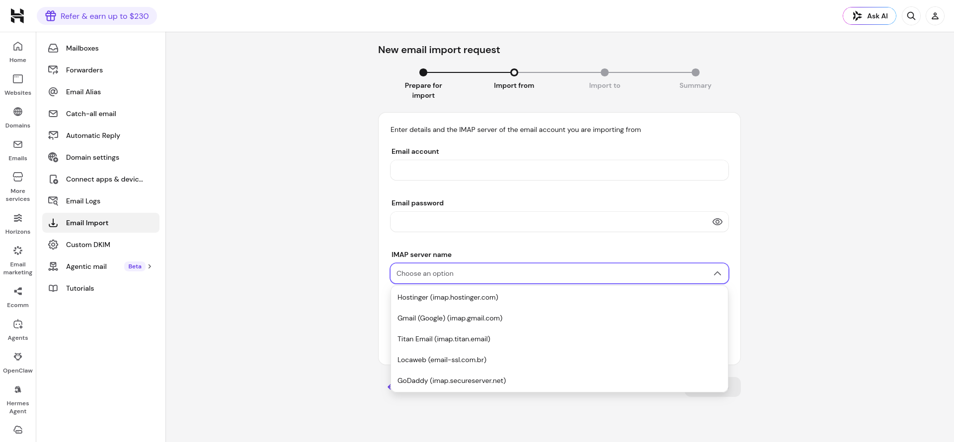 Hostinger Email Import source account and IMAP settings