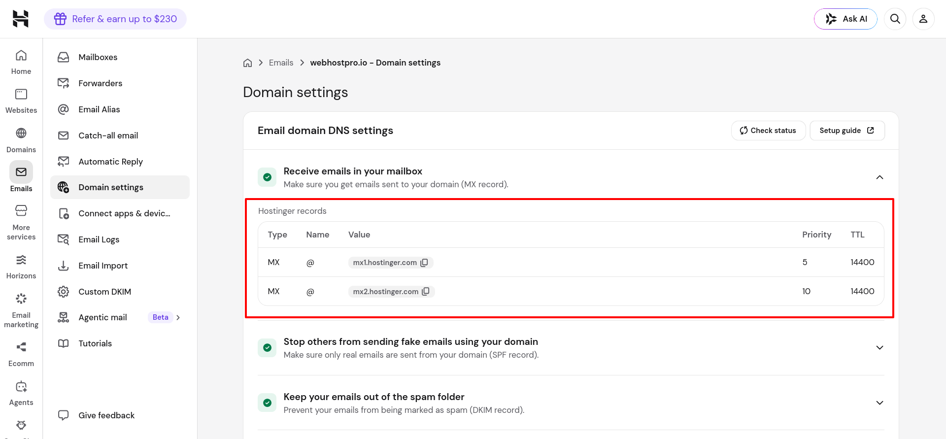 Hostinger hPanel domain settings showing verified email MX records