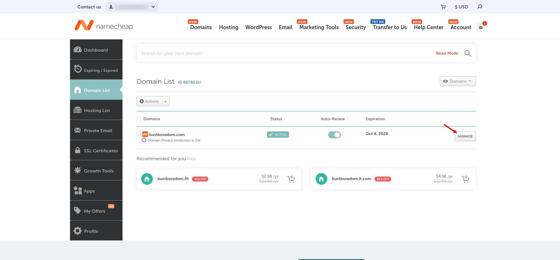 Namecheap Domain List showing the Manage button for a selected domain