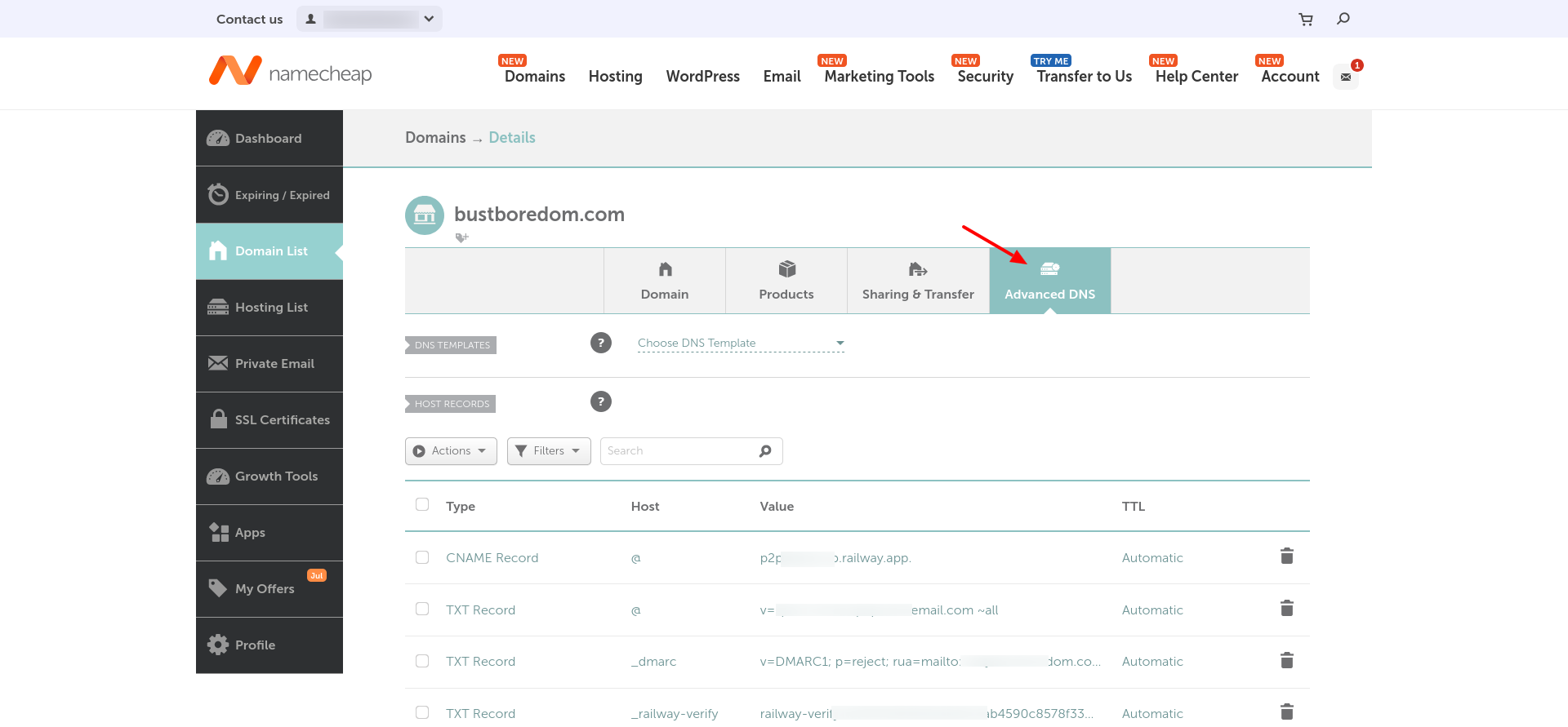 Namecheap Advanced DNS tab for managing domain DNS records