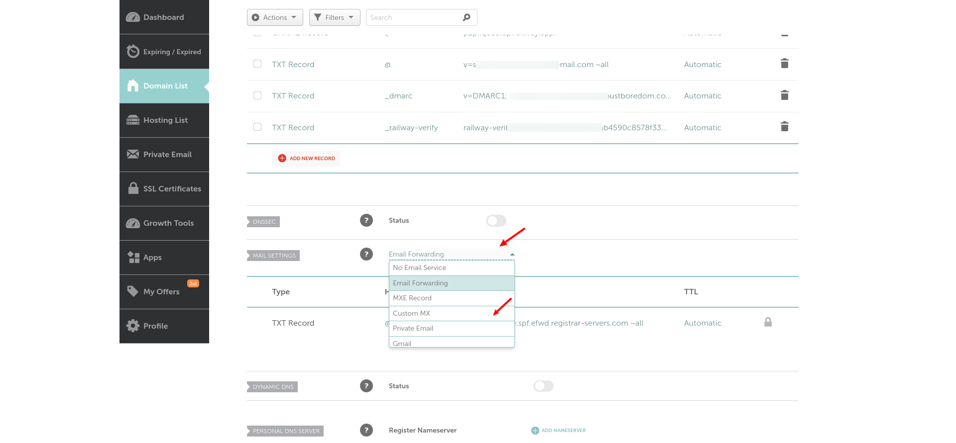 Namecheap Mail Settings dropdown showing the Custom MX option