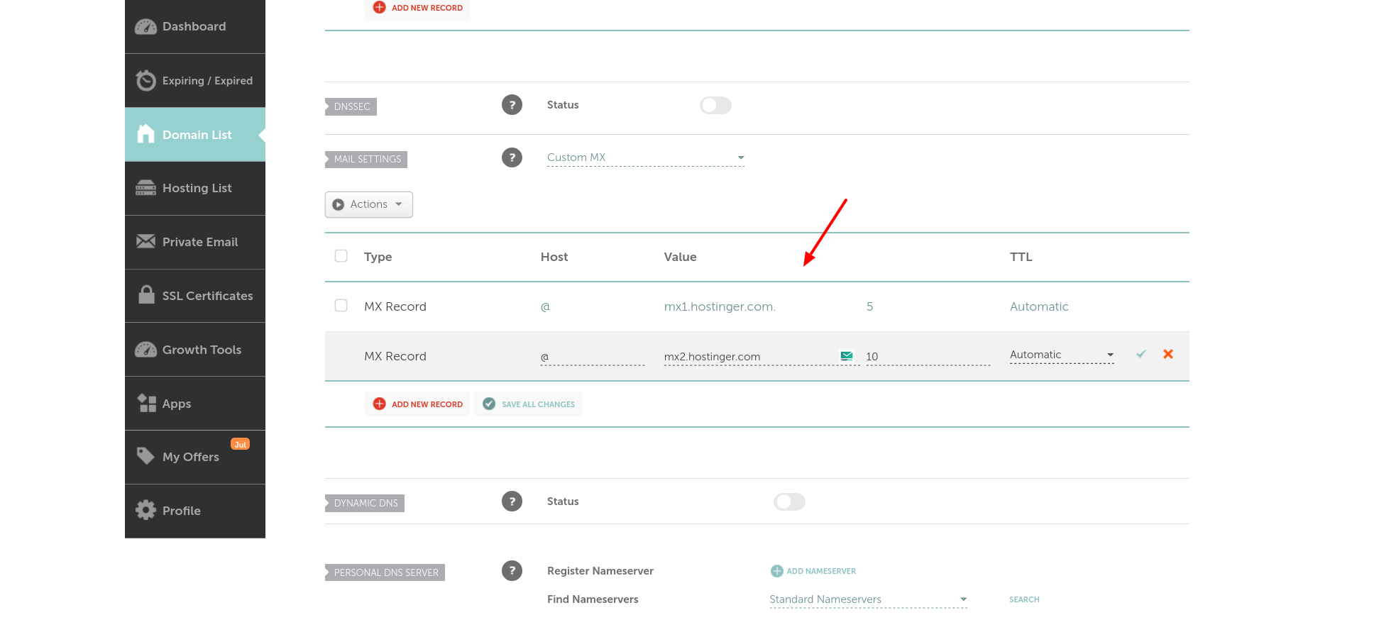 Namecheap Custom MX records configured for Hostinger email
