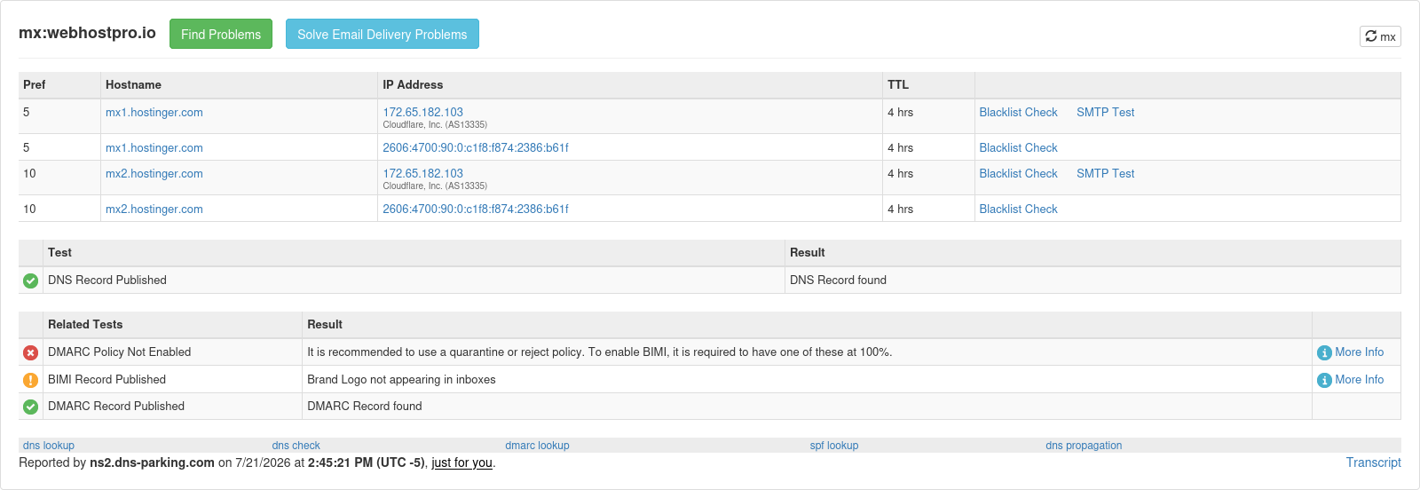 MXToolbox lookup confirming Hostinger MX records are published