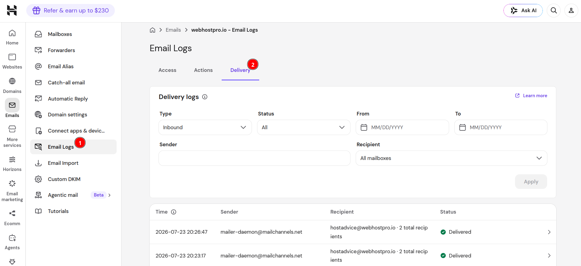 Hostinger hPanel Email Logs overview showing Access, Delivery, and Actions tabs