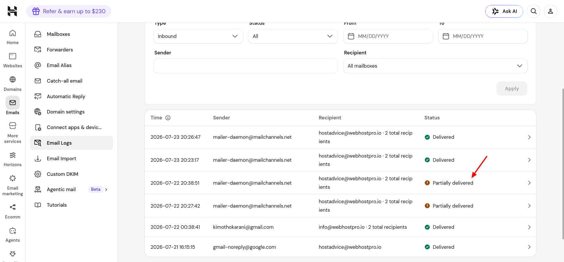 Expanded Hostinger email delivery log showing the full SMTP server response