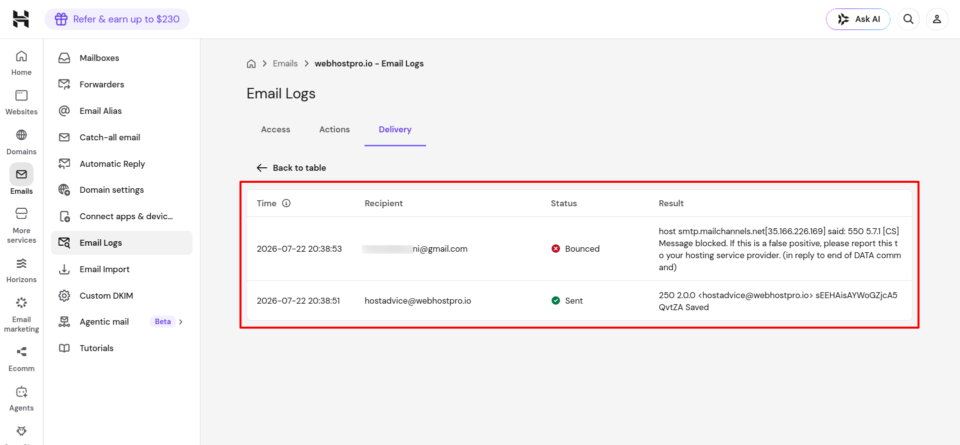 Hostinger Email Logs showing partially delivered message details