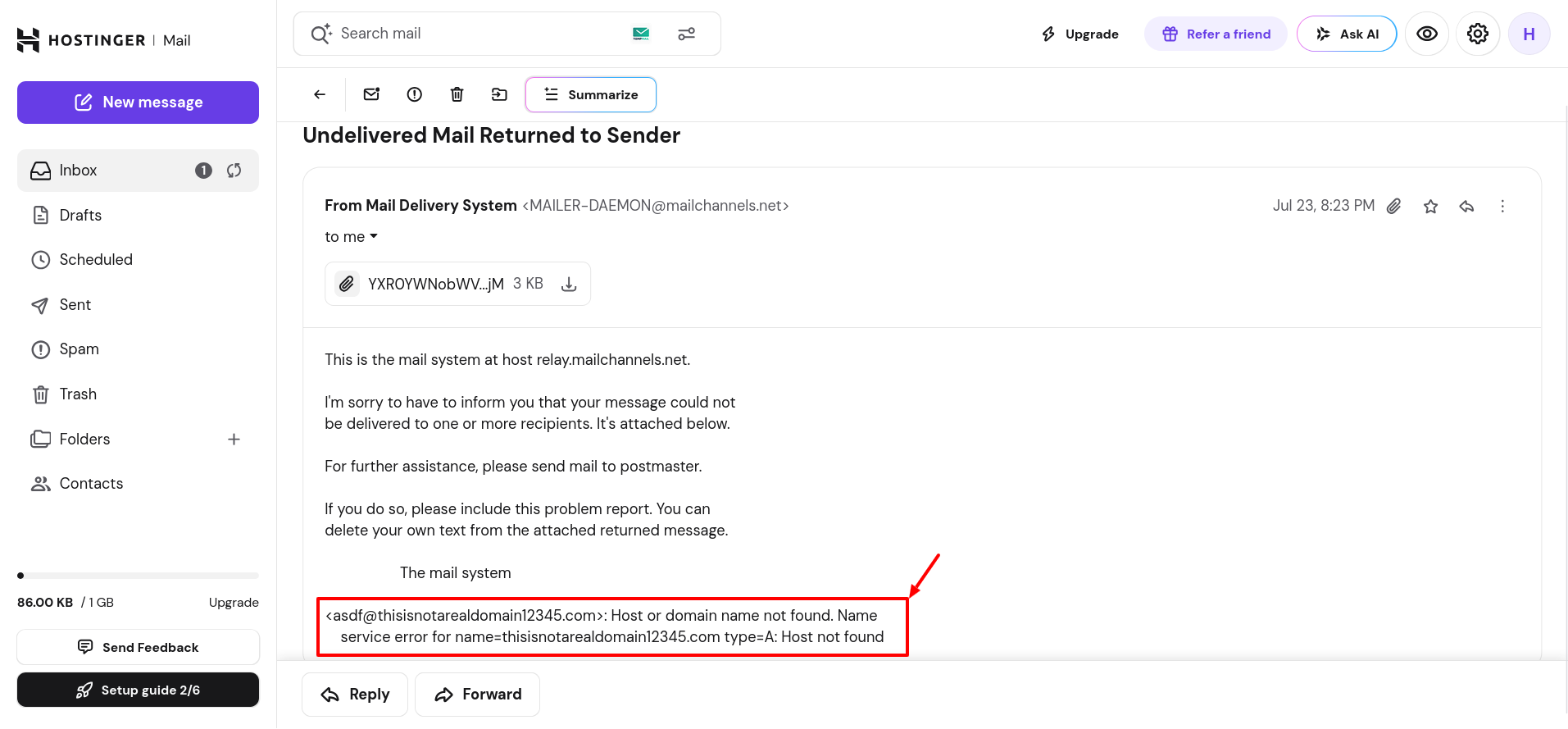 Hostinger email log showing a host or domain name not found error