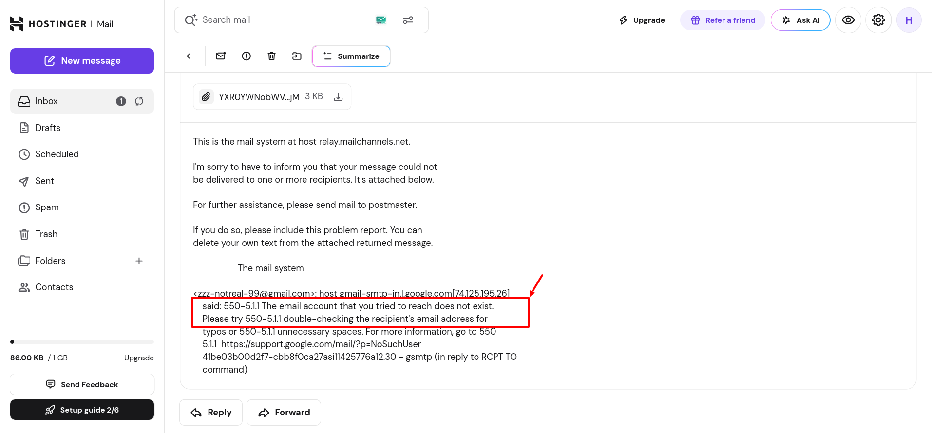 Hostinger email log showing a 550-5.1.1 invalid mailbox error