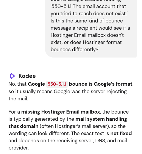 Hostinger support response explaining invalid mailbox bounce wording