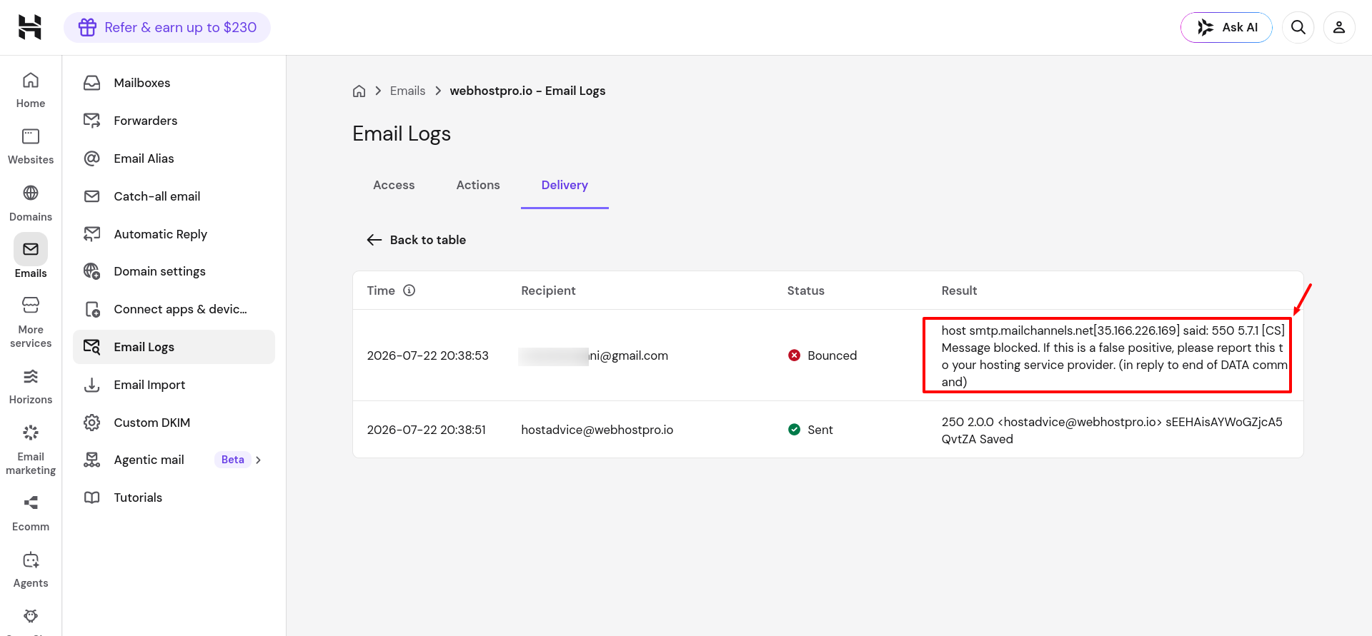 Hostinger email log showing a 550 5.7.1 content spam block