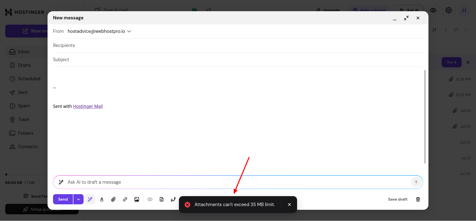 Hostinger Webmail attachment exceeds 35 MB limit error