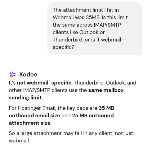 Hostinger support confirming outbound email and attachment size limits