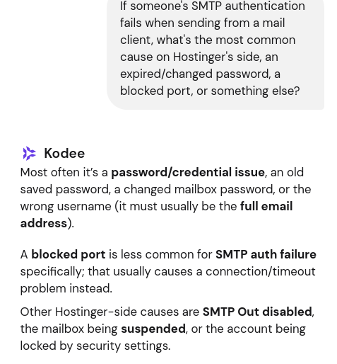 Hostinger support explaining common email authentication failures