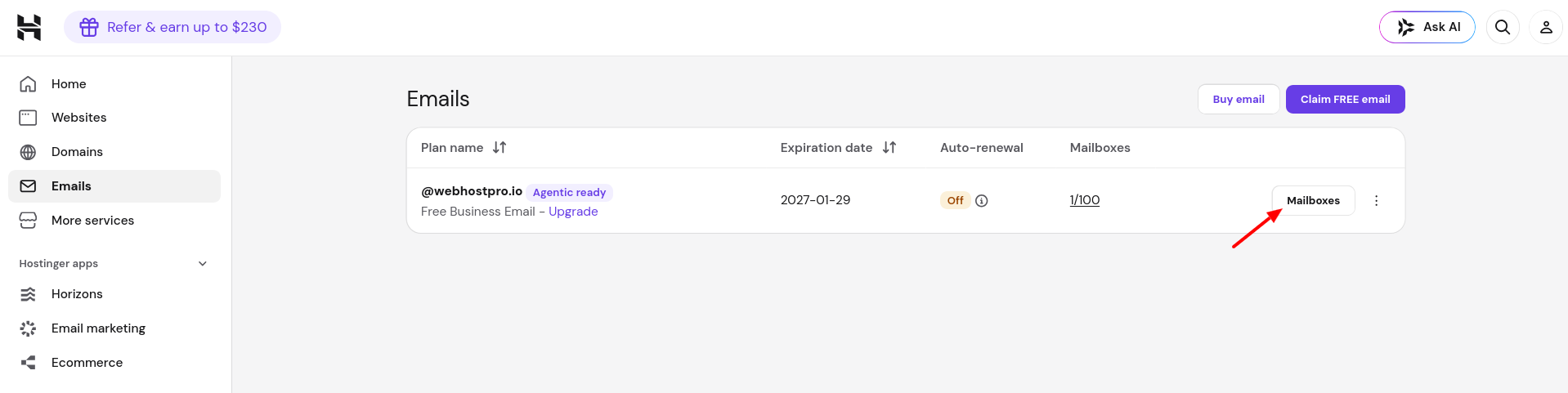 Hostinger hPanel Emails and Mailboxes page