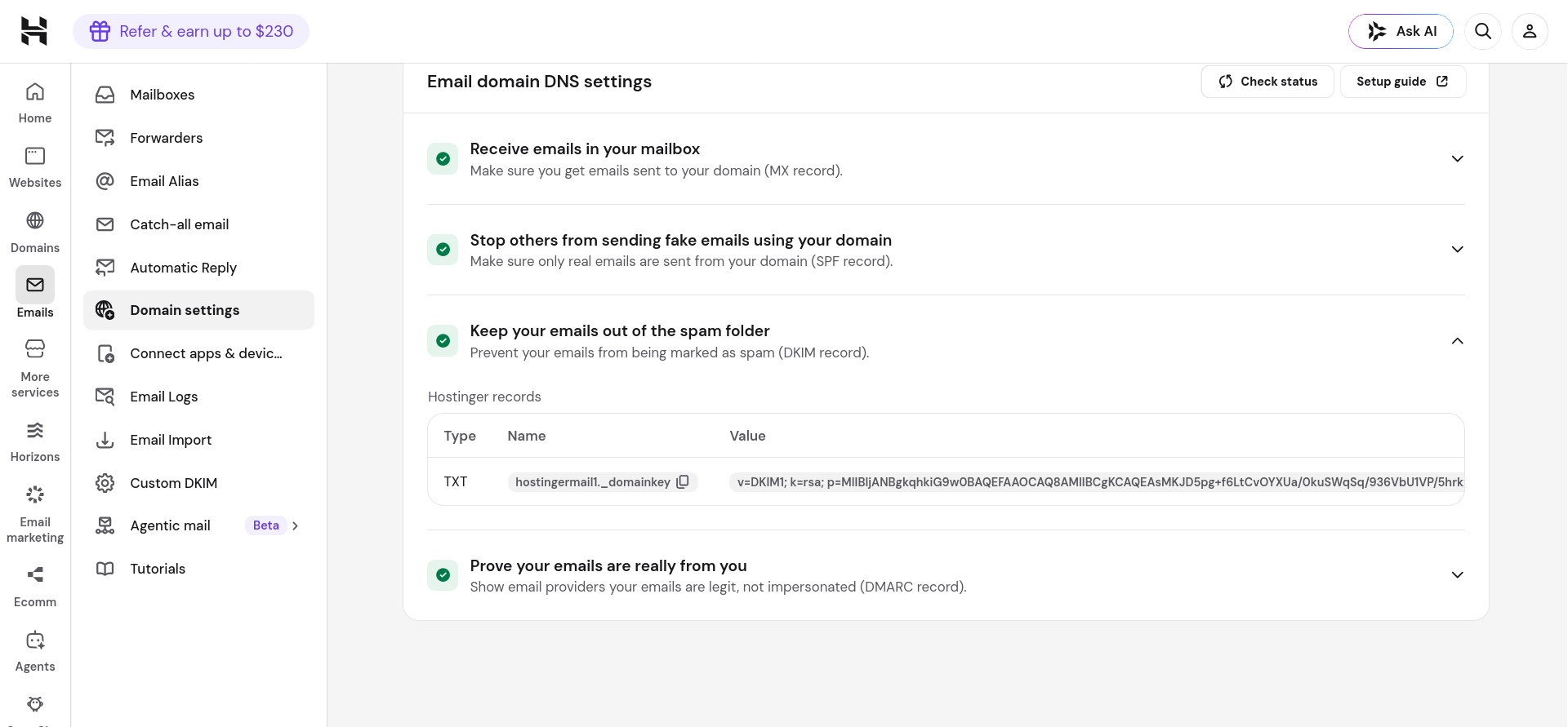 Hostinger Custom DKIM TXT record configuration