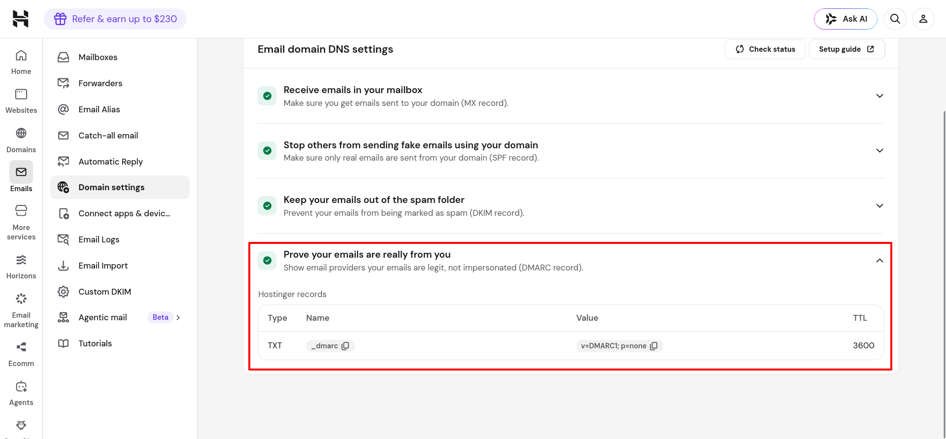Hostinger DMARC record configuration