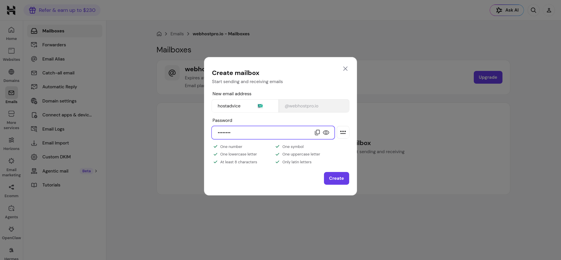 Hostinger mailbox address and password setup form